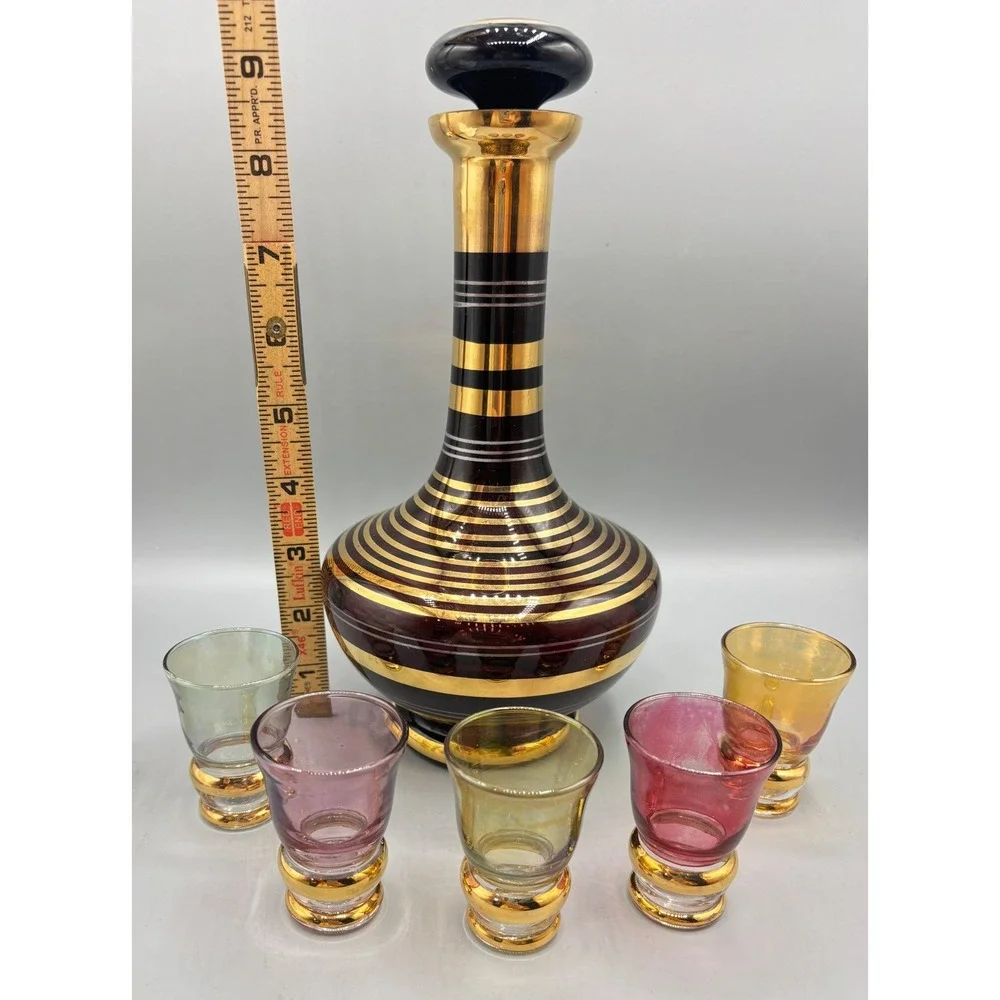 Vtg Bohemian Amethyst Glass Decanter Set Gold 5‎ Cordial Glasses Barware Boho
